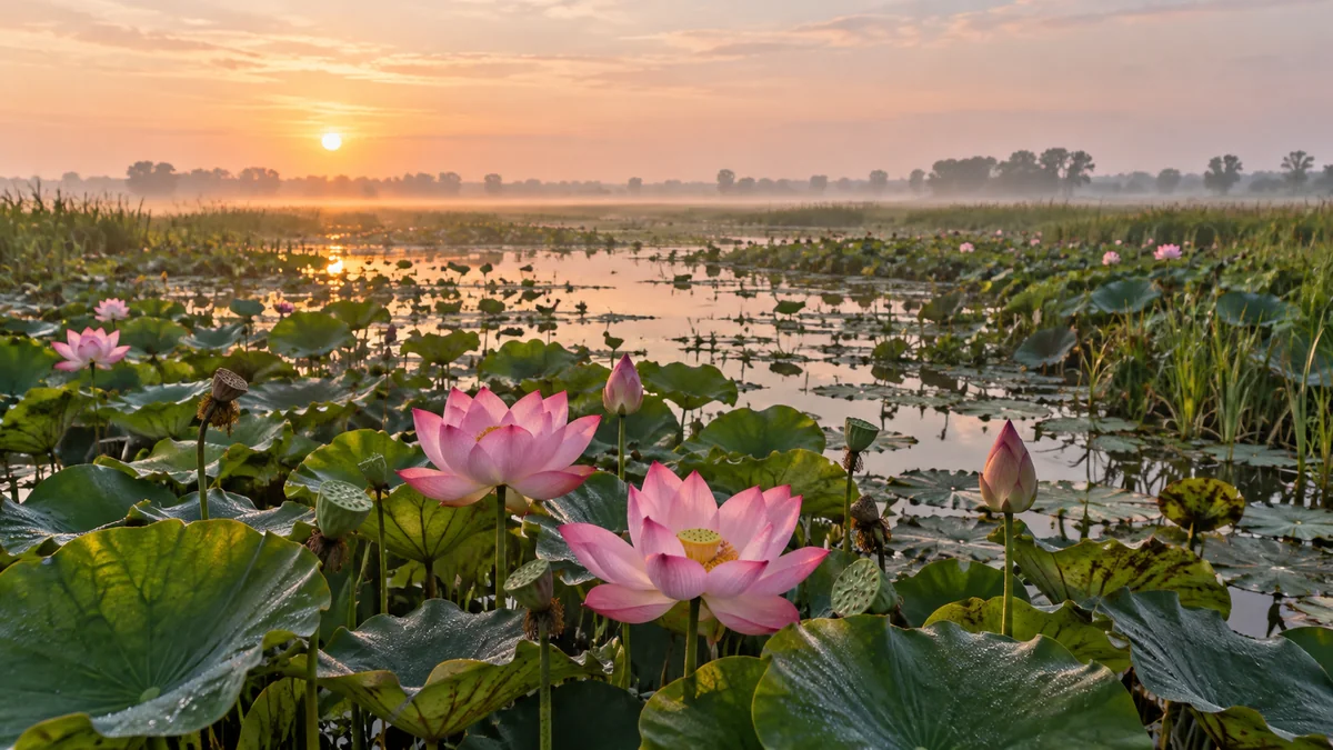 Sen hồng, lá xanh và đường chân trời phẳng của vùng đất Đồng Tháp Mười