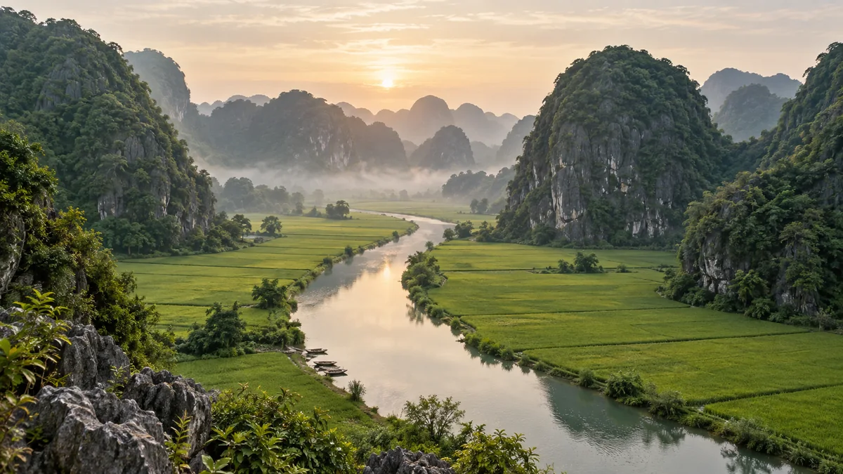 Dòng nước uốn giữa ruộng lúa và núi đá vôi, lấy cảm hứng từ Tam Cốc, Ninh Bình